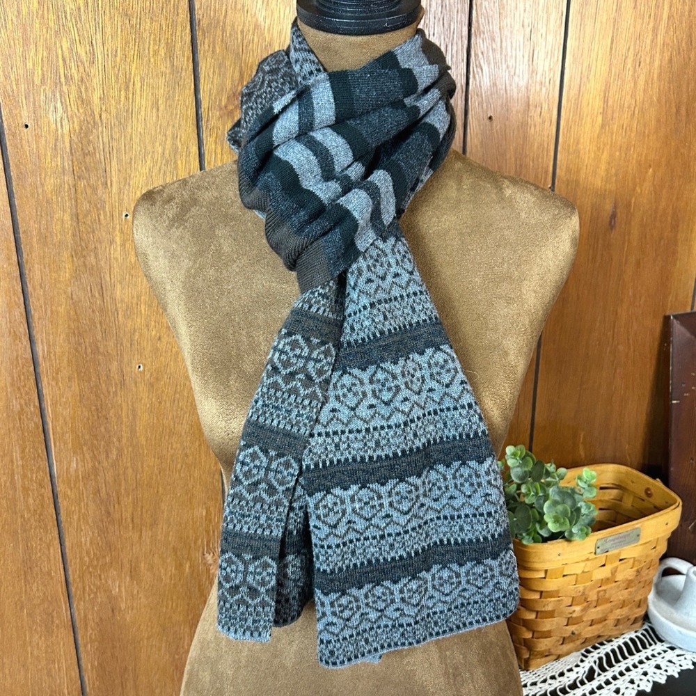 Mens Fair Isle Knit Scarf Brown Gray Striped Geometric Winter Warm